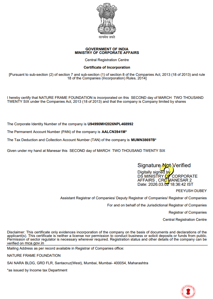 SPICE+ Part B Approval Letter — Nature Frame Foundation